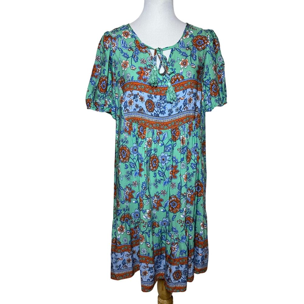 anna-kaci Green Dress Short Sleeve V Neck Knee Length, Floral Boho Sz L NWT - Picture 2 of 12